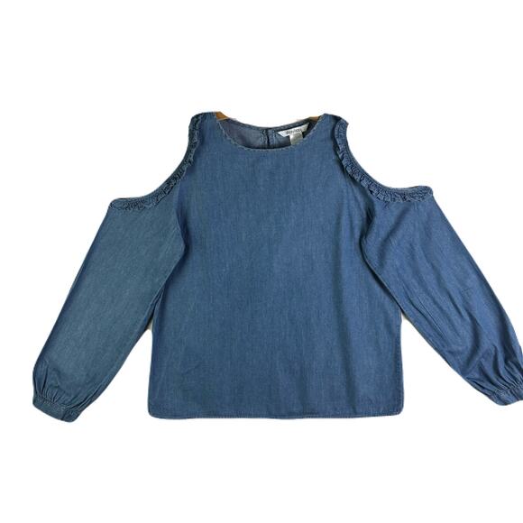 Dizzy Lizzy Tops - DIZZY LIZZY Denim Cold-Shoulder Ruffled Trim Long Sleeve Womens blouse Size L